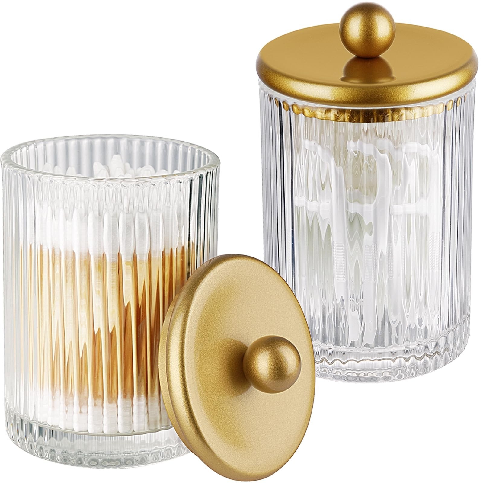 SheeChung 2-Pack Gold Ribbed Glass Qtip Holder – Apothecary Jars Bathroom Org…