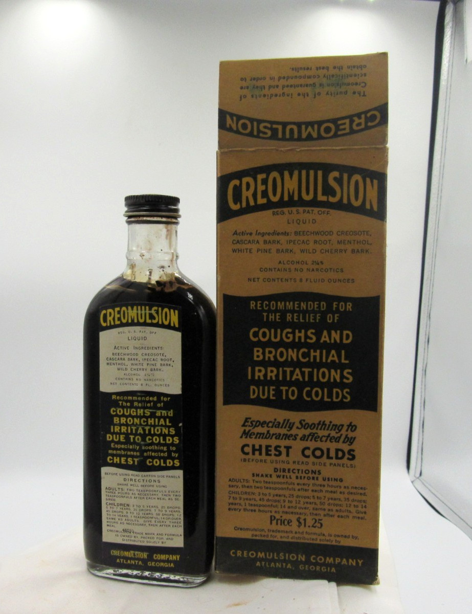 BW – 1930s Creomulsion Coughs Bronchial Atlanta Ga 7 3/4 ” Medicine bottle Box