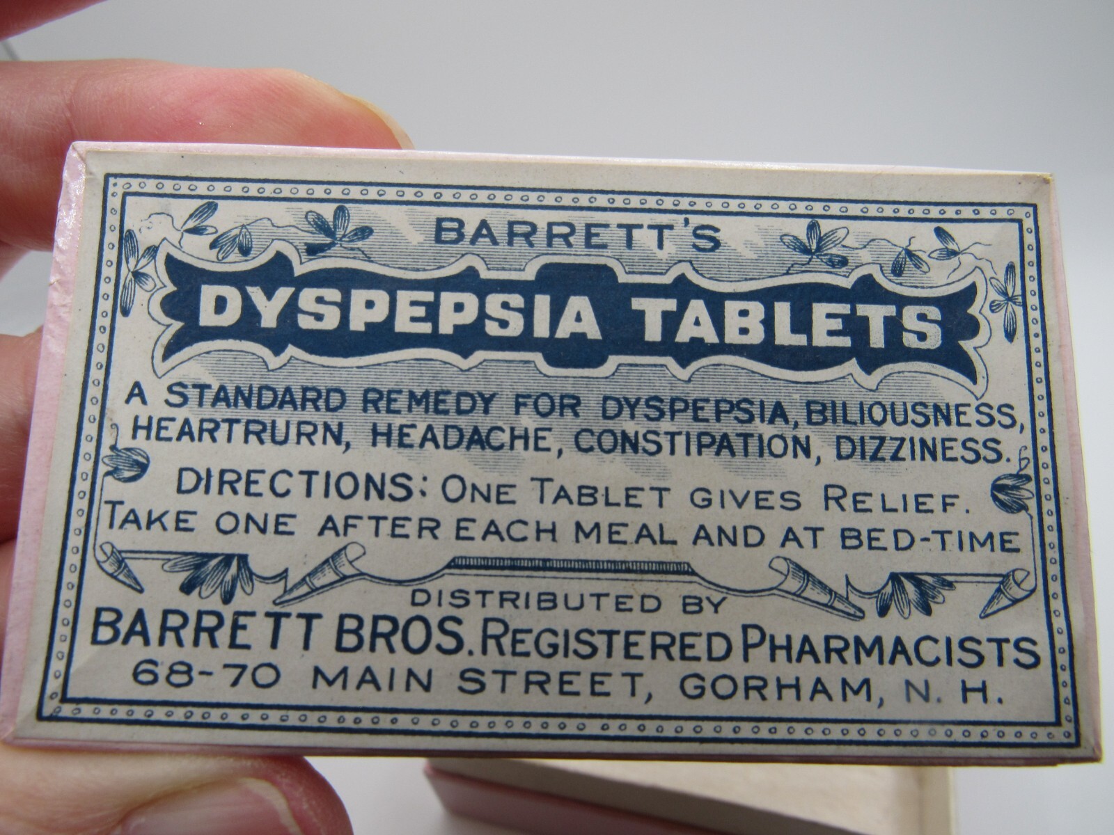 Vintage Cardboard Prescription Pill Box Barrett Bros. Pharmacy Gorham NH 3”