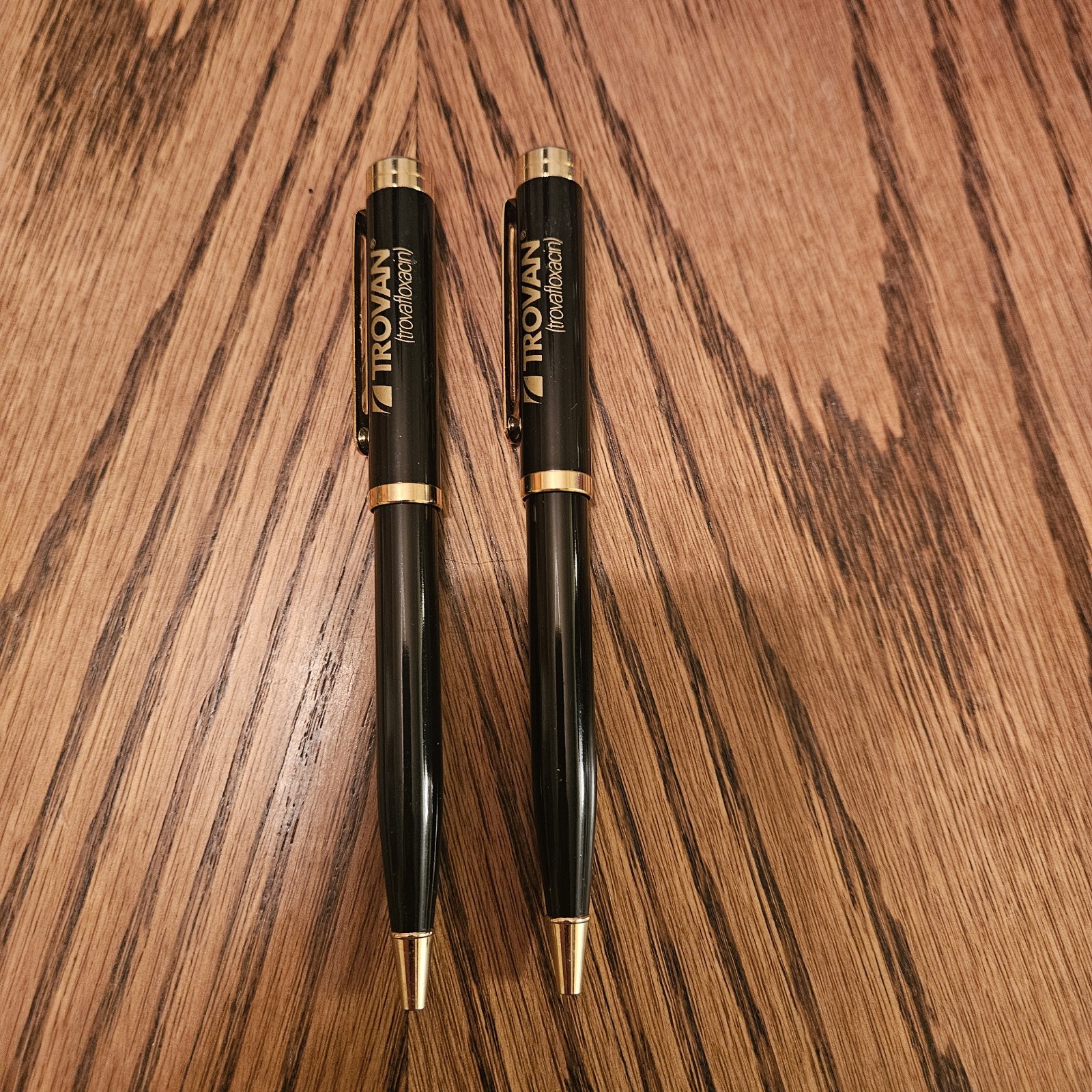 2 Trovan Vintage Pharmaceutical Drug Rep Heavy Metal Pen Black & Gold Tone