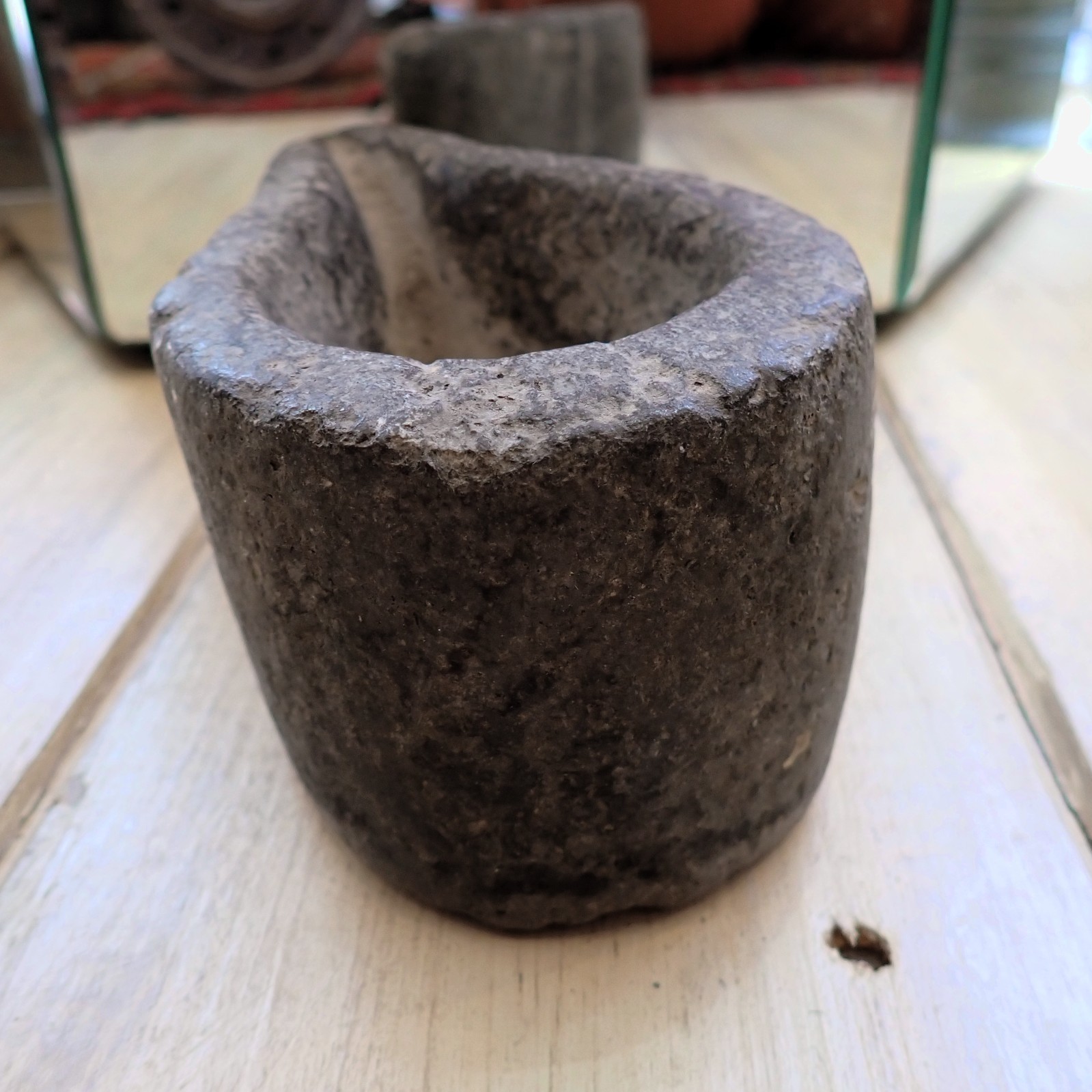 Old Stone Mortar Oil Lamp India Carved Stone