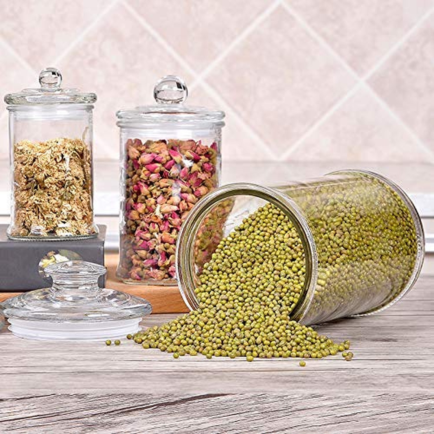 Set of 3 Glass Apothecary Jars with Lids, Bathroom Canisters Storage Containe…