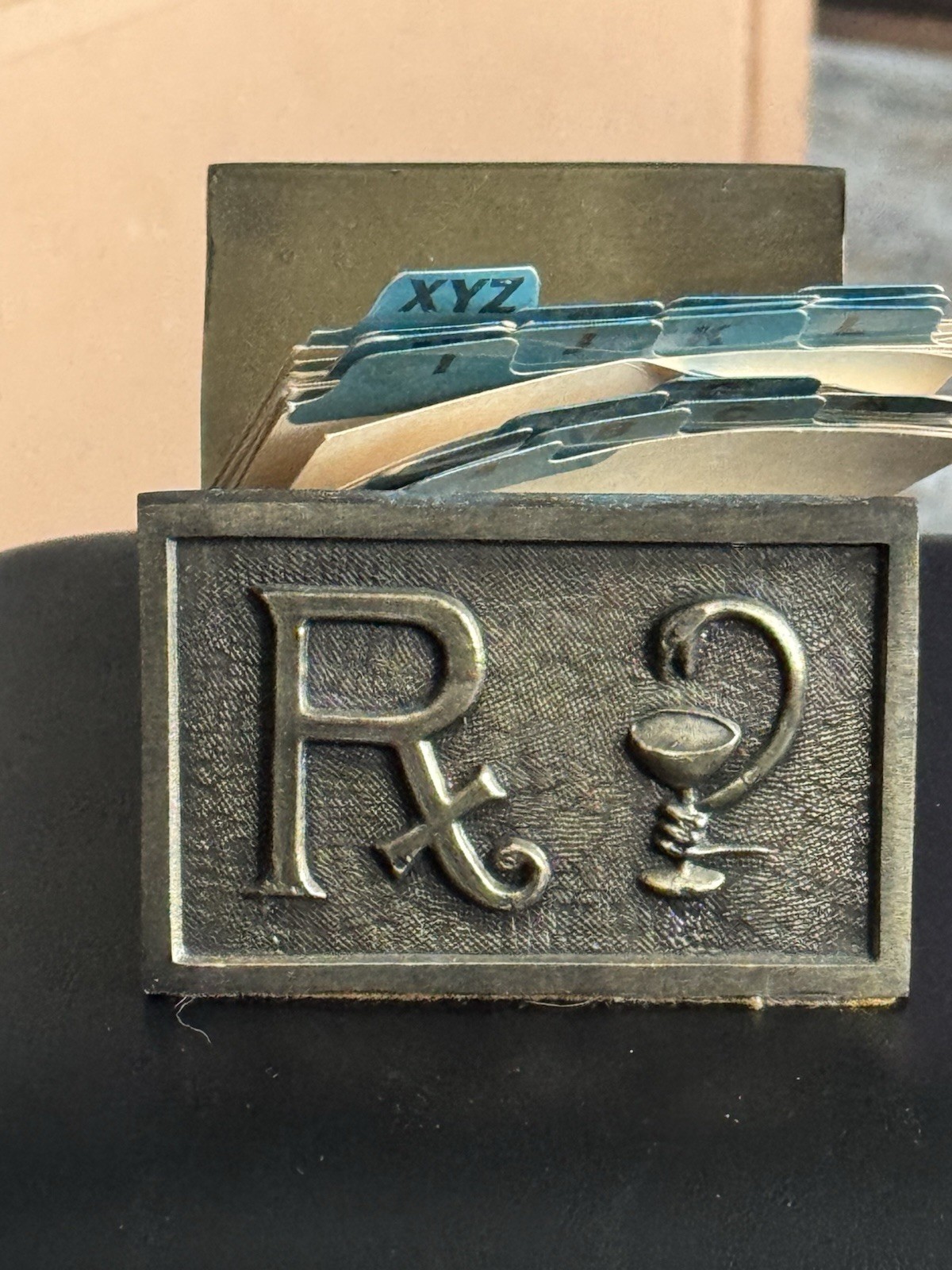 Vintage RX Pharmacy Rolodex Card File Cast Brass Desktop Apothecary Oddity