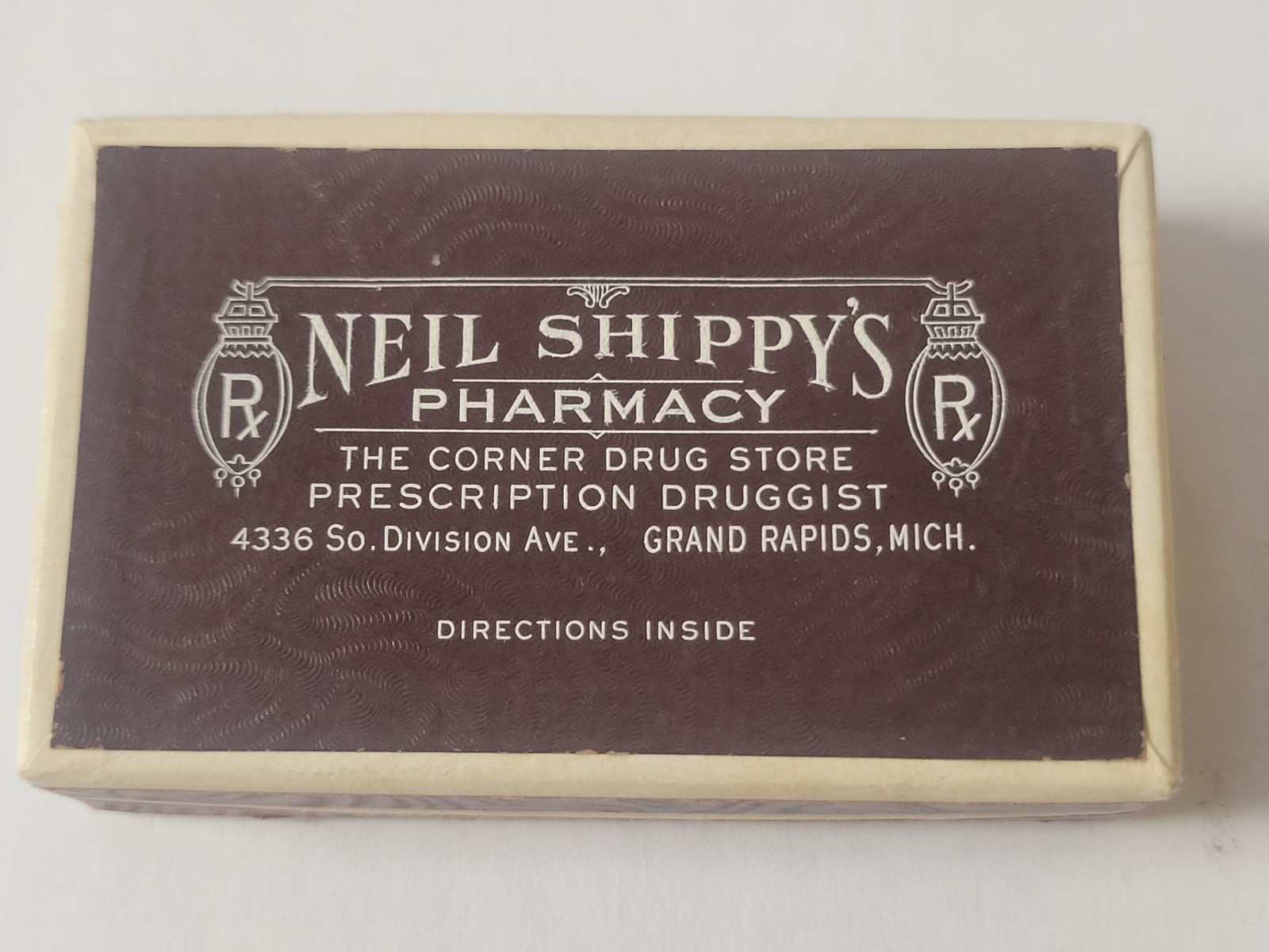 Vintage Pharmacy 50s RX Prescription pill box NEIL SHIPPY’S Grand Rapids, MI EXC