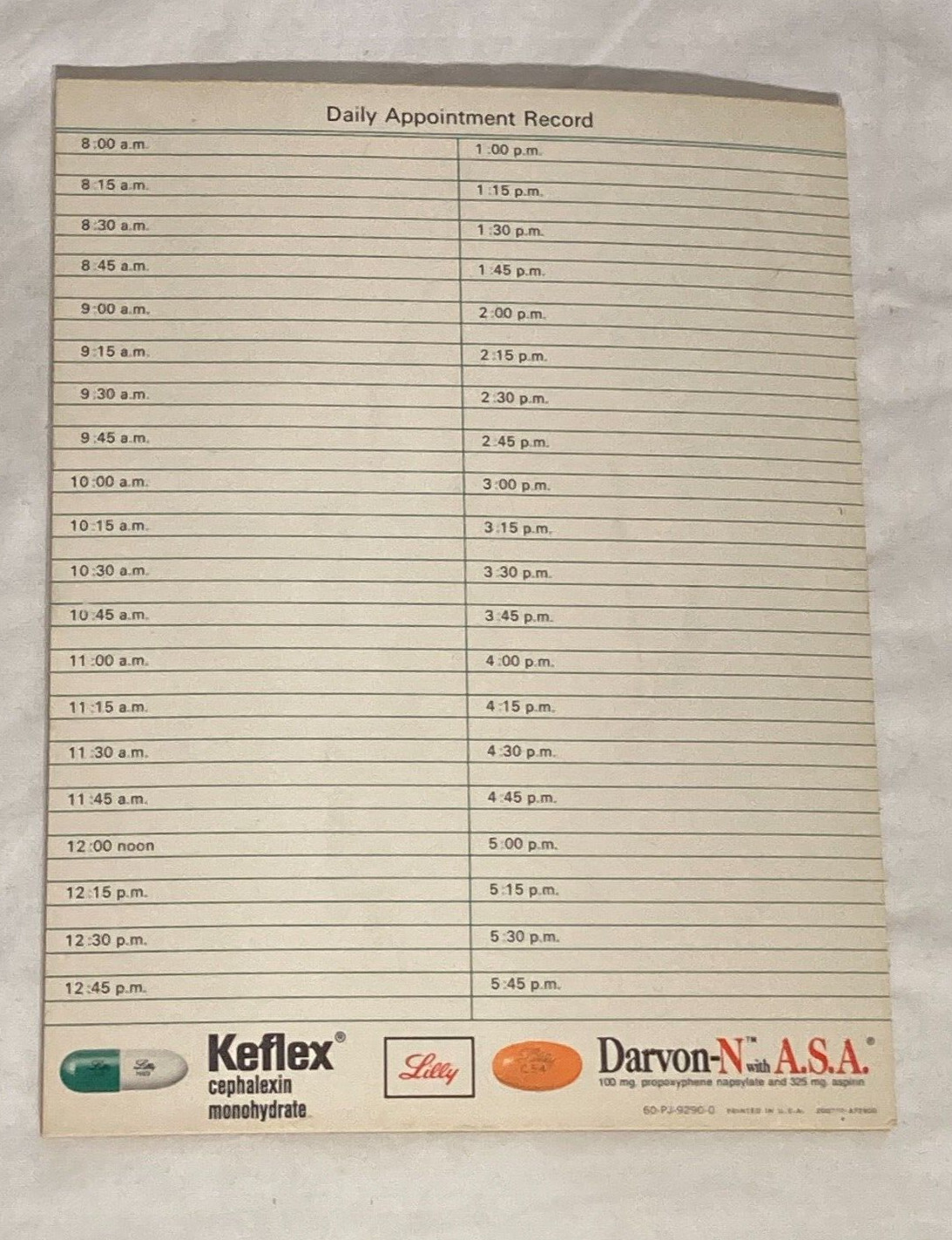 Vtg Keflex Darvon-N Rx Drug Daily Appointment Record Paper Notepad 7 3/4″ L