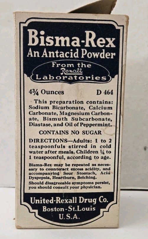 Vintage Bisma-Rex Calcium Carbonate Antacid Bottle And Box Mid 1900s