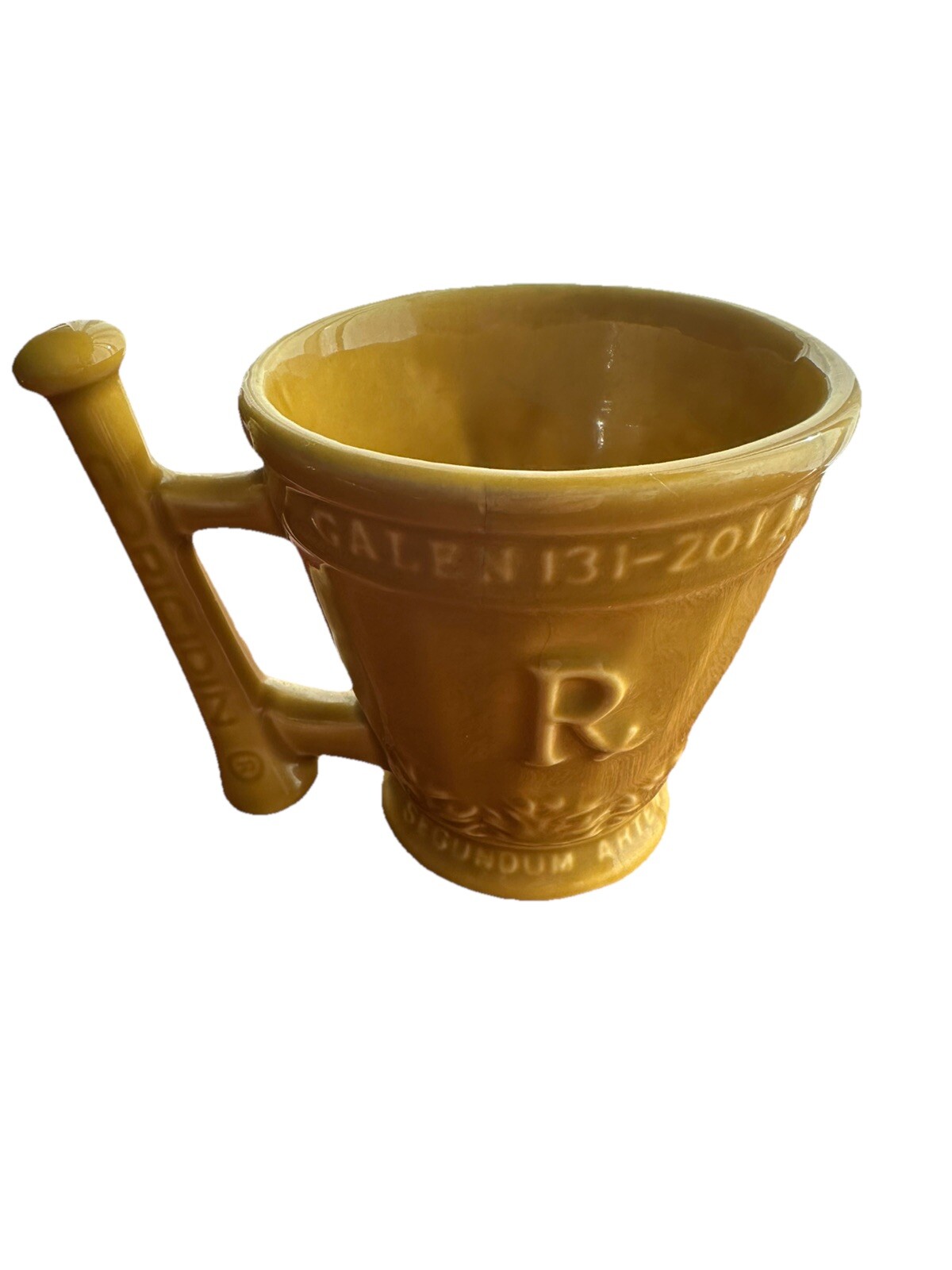 Galen Mortar & Pestle Promotional Pharmacy Mug, Yellow gold, Vintage 1960s