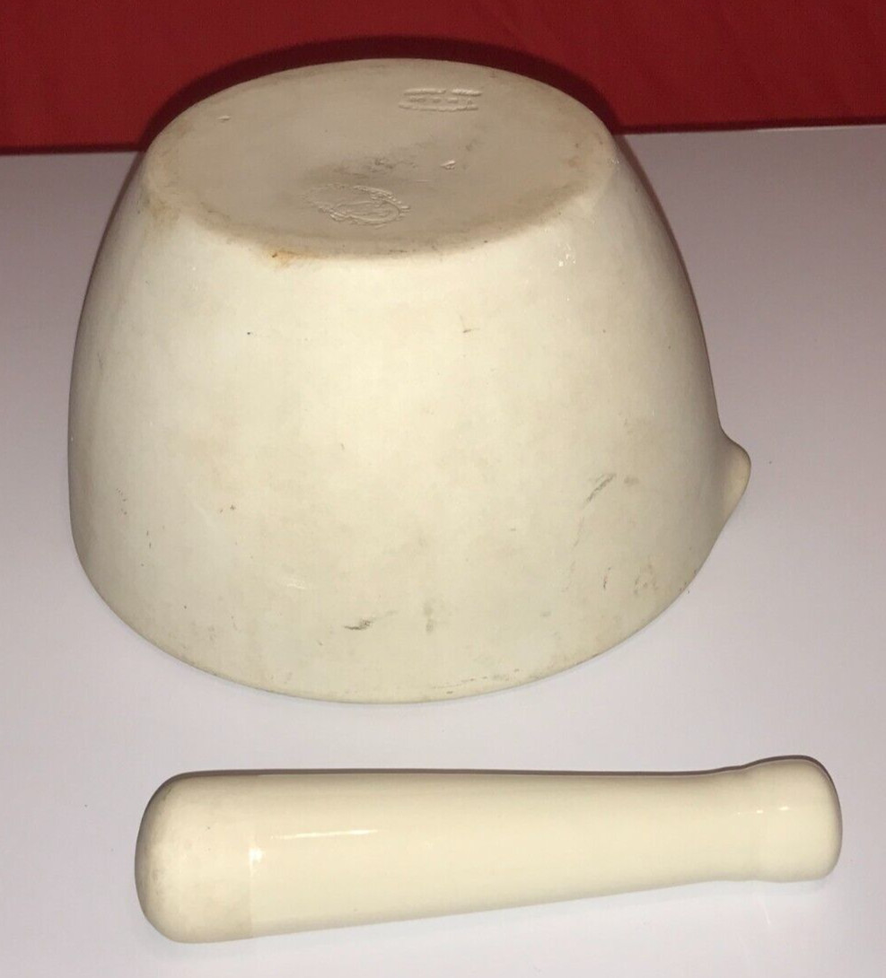 ANTIQUE PHARMACY MORTAR WITH PESTLE THOMAS MADDOCK & SONS T.M.S. ACID PROOF .