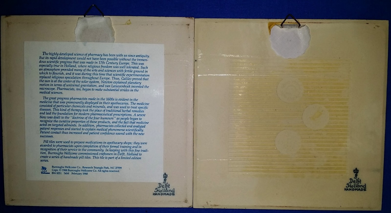 2 BURROUGHS WELLCOME Pharmacy PILL TILES 6″ Square DELFT BLUE 1988 Apothecary
