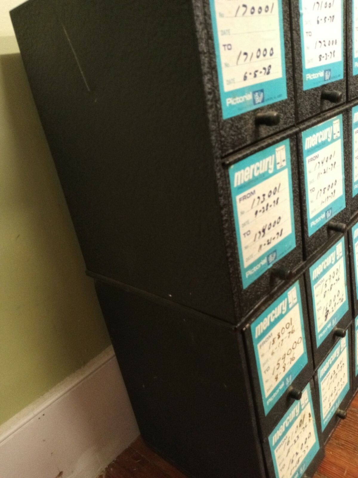 Vintage 1950s – stacking 12 compartment Pharmacy File Pill Cabinet industrial