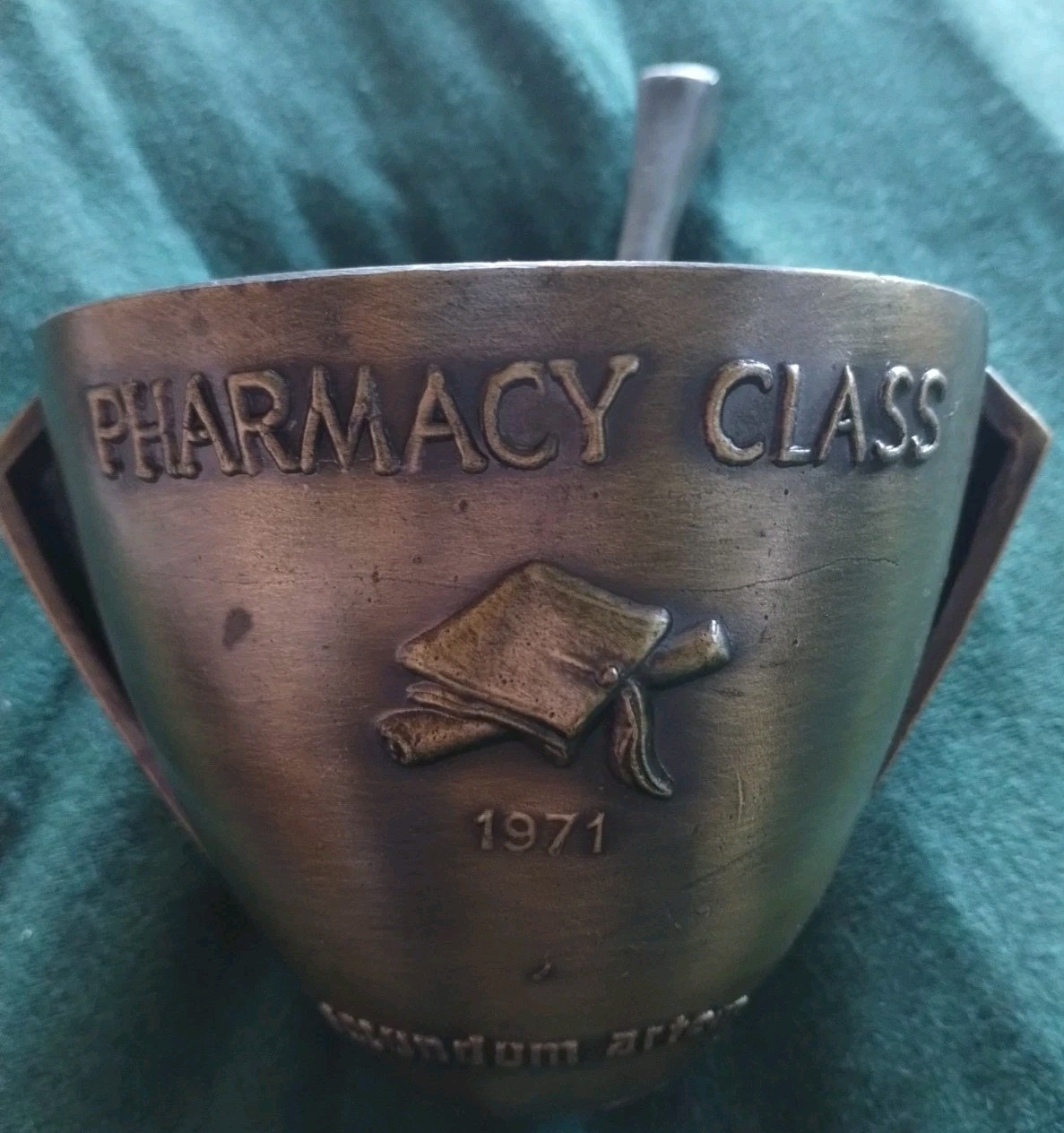 Vintage Brass Rx Graduate 1971 Mortar Pestle MEDICAL HISTORY coricidin INDUSTRY