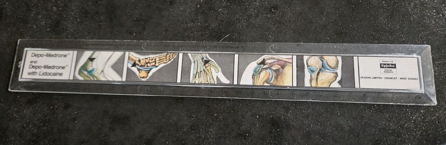 Vintage Upjohn Pharma. 12″ Plastic Ruler Advertising Lidocaine. Crawley UK