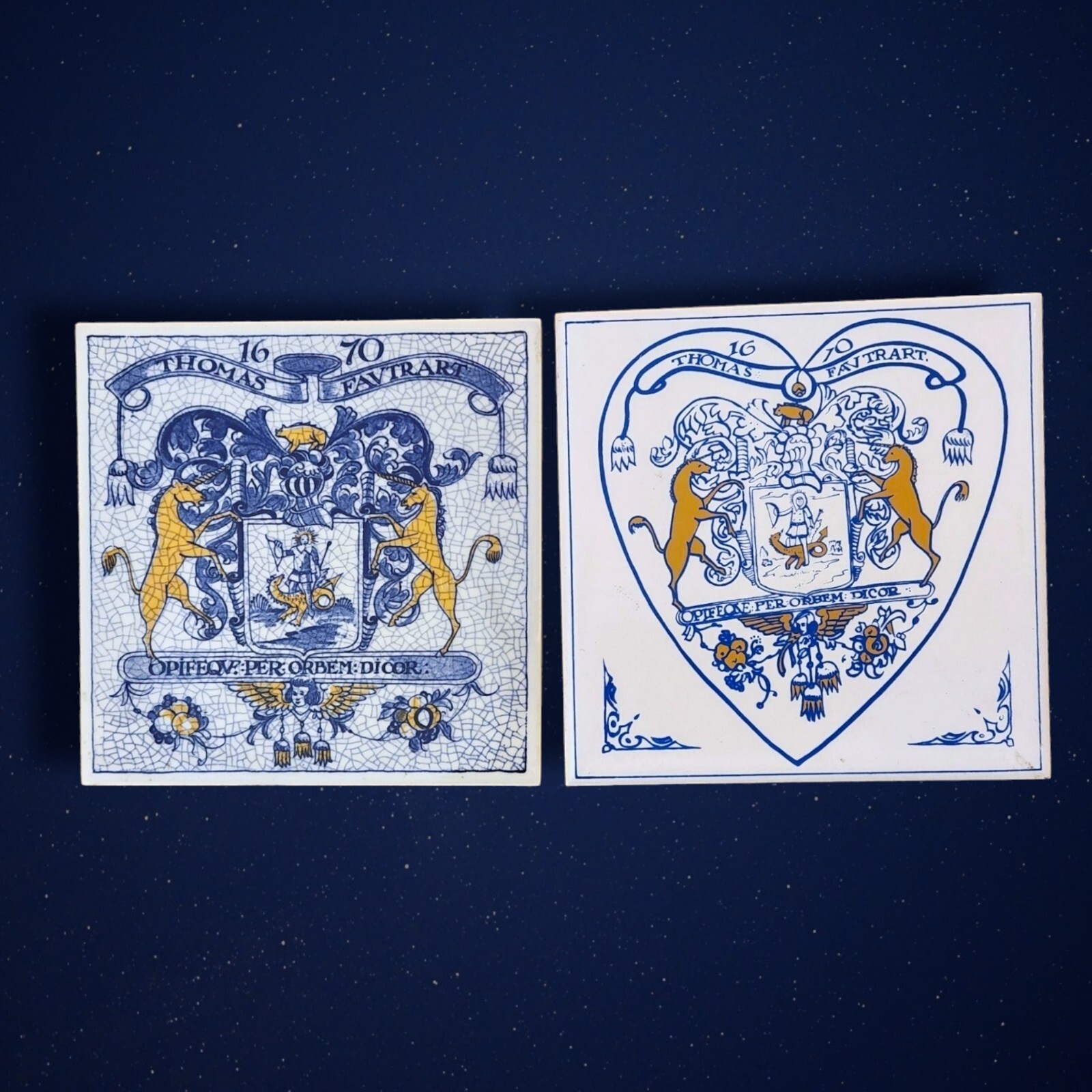 Lot of 2 Pharmacy Comm Tiles Delft Holland 1670 Thomas Favtrart Coat-of-Arms 6″