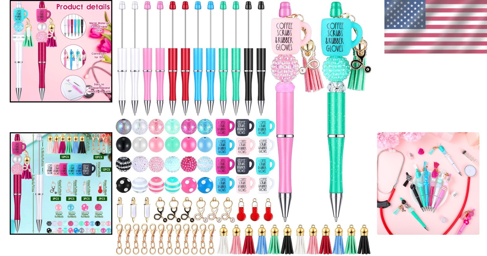 Quality Nurse Beadable Pens Gift Set – 12 Pcs with 50 Beads & Assorted Charms