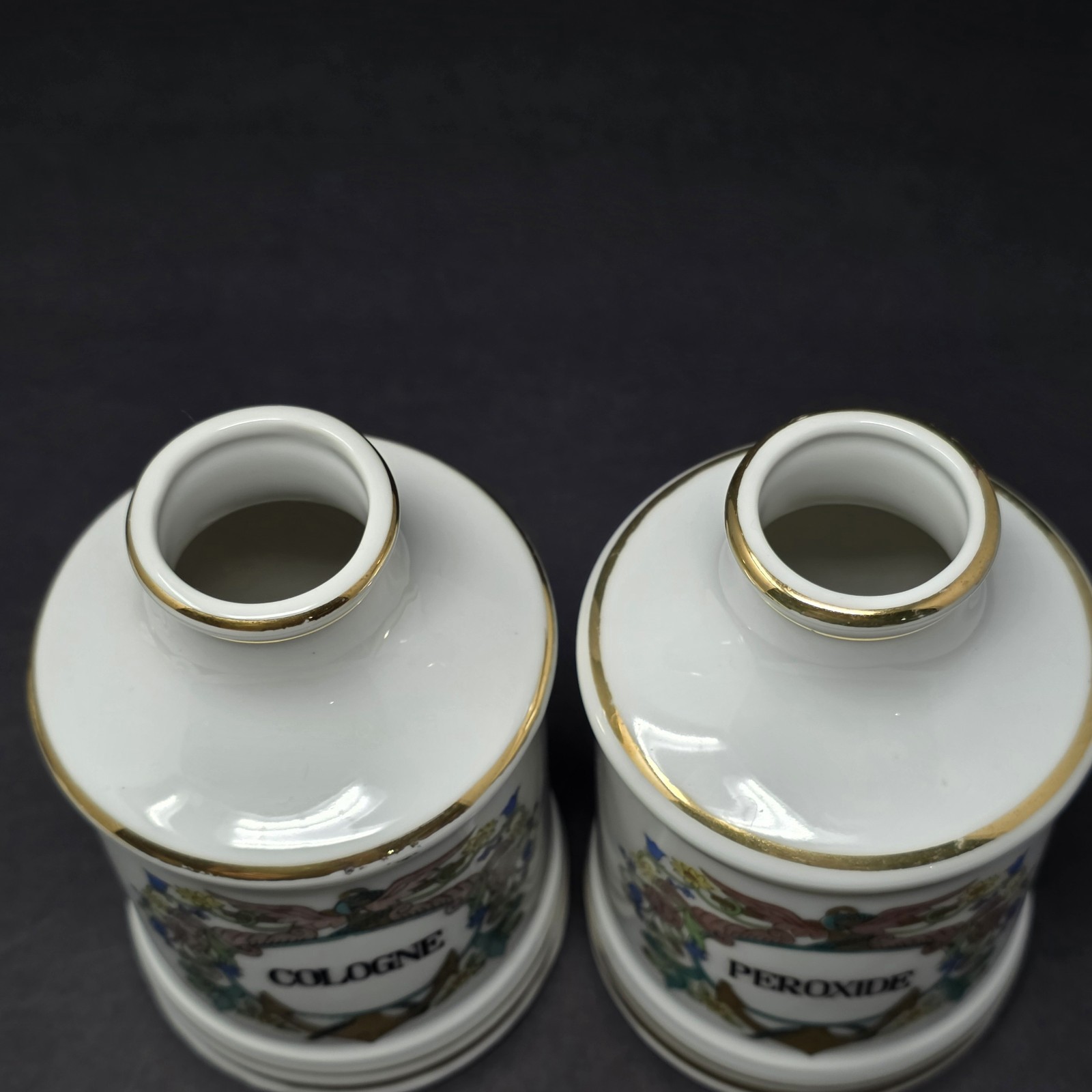 Vintage Porcelain Apothecary Medicine Jar Set Salts Cologne Gauze Perioxide