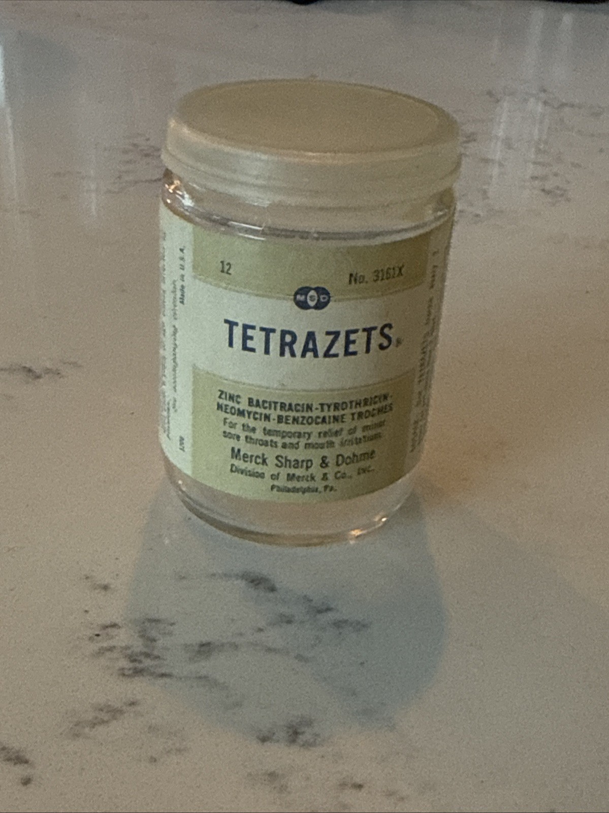 Vintage Tetrazets Lozenge Empty Prop Glass Bottle Merk Sharp & Dohme