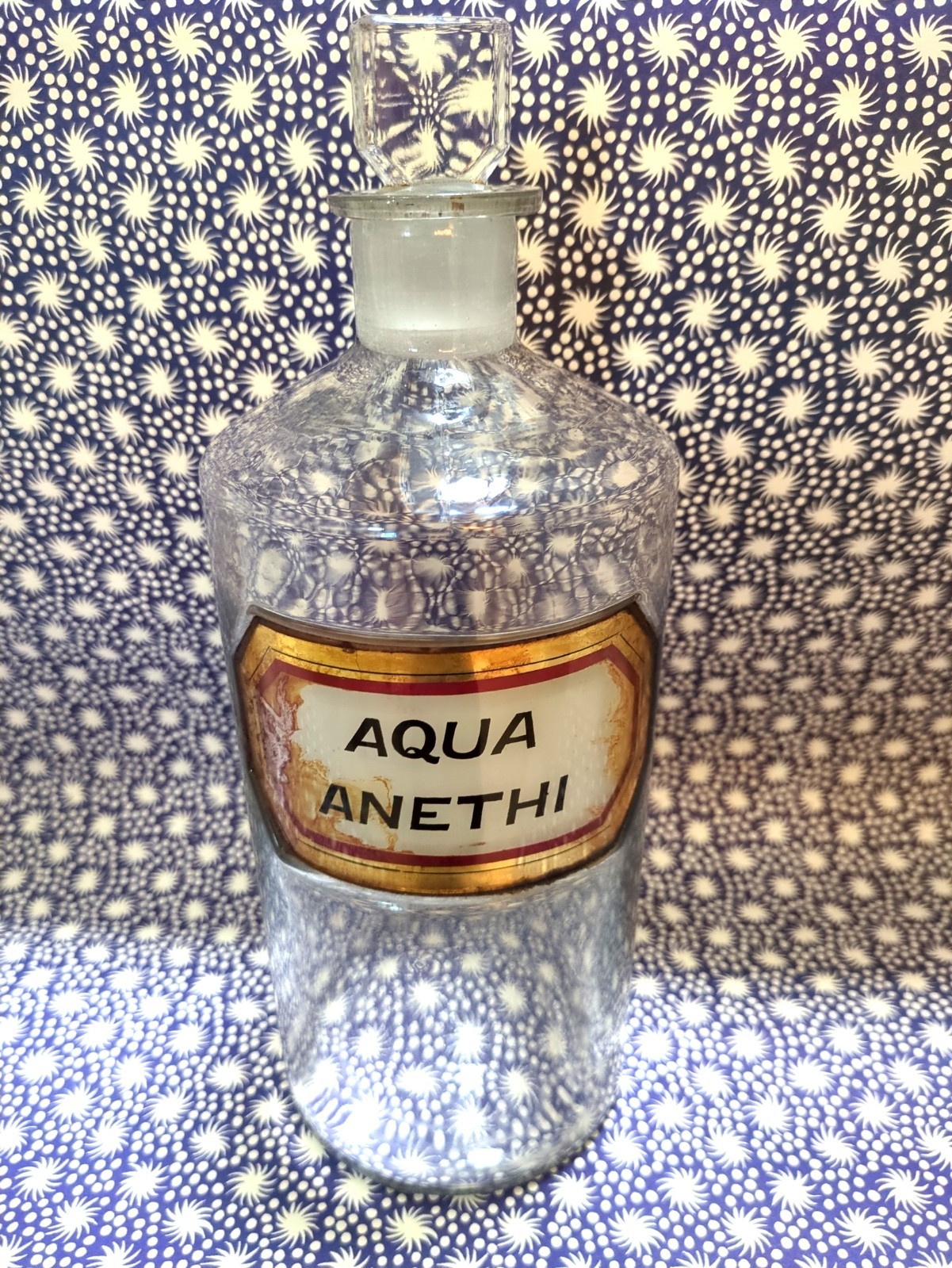 Antique Apothecary / Pharmacy Gold Label Large Glass Bottle AQUA ANETHI