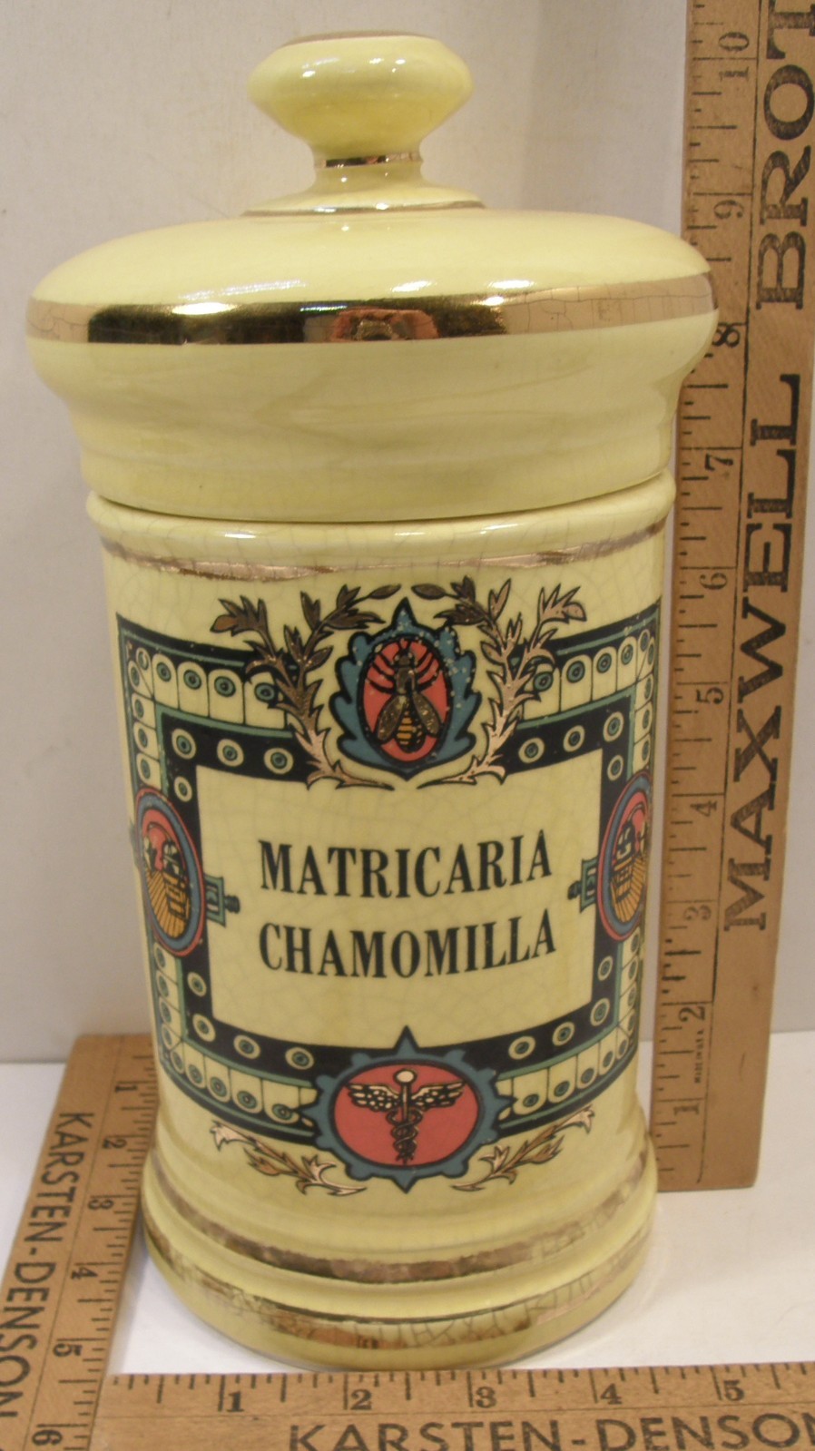 VINTAGE CERAMIC POTTERY APOTHECARY JAR W/LID MATRICARIA CHAMOMILLA PHARMACY