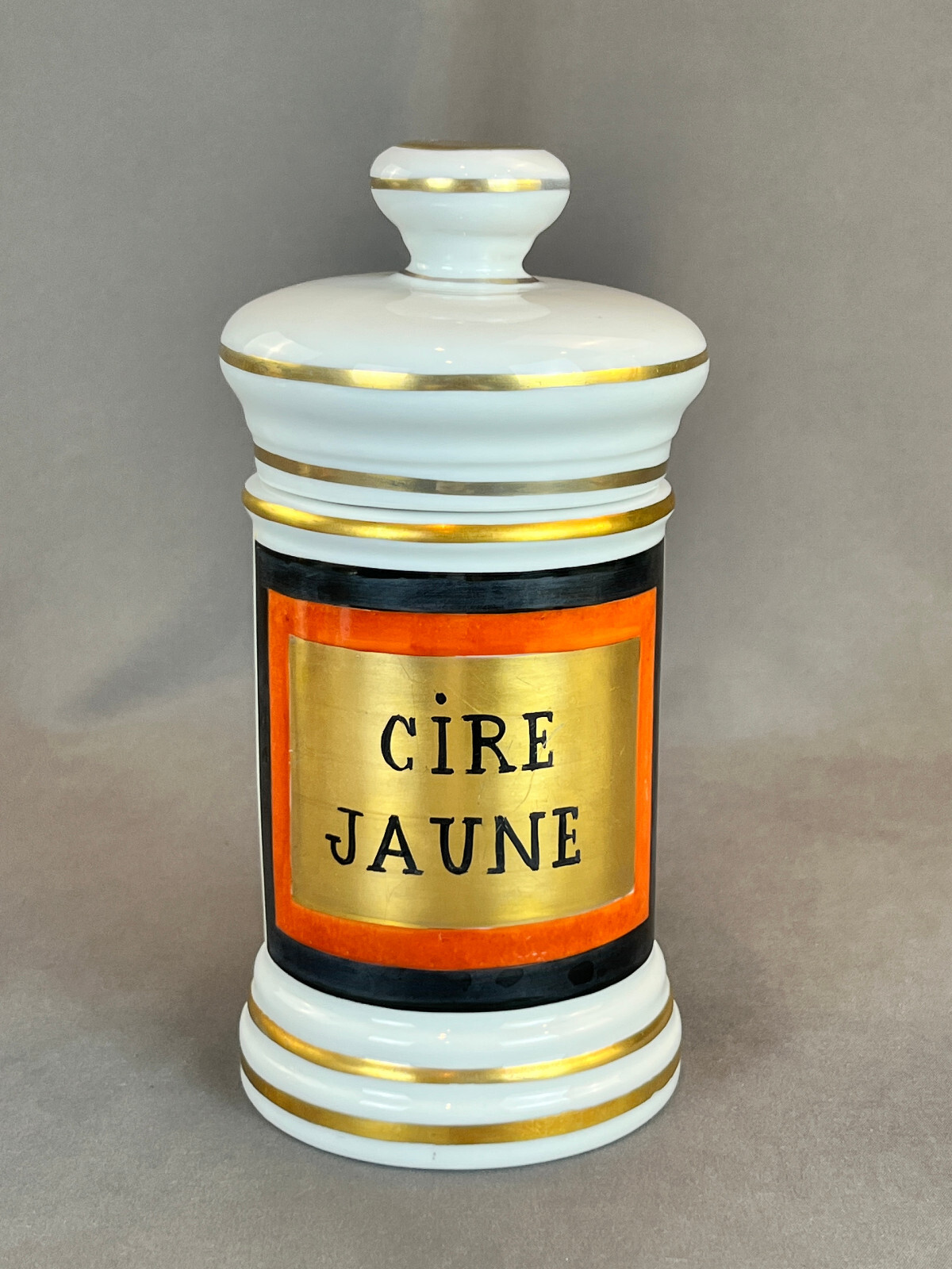 Vintage French Porcelain 7 ½” CIRE JAUNE (Yellow Wax) Apothecary Jar by D.T.