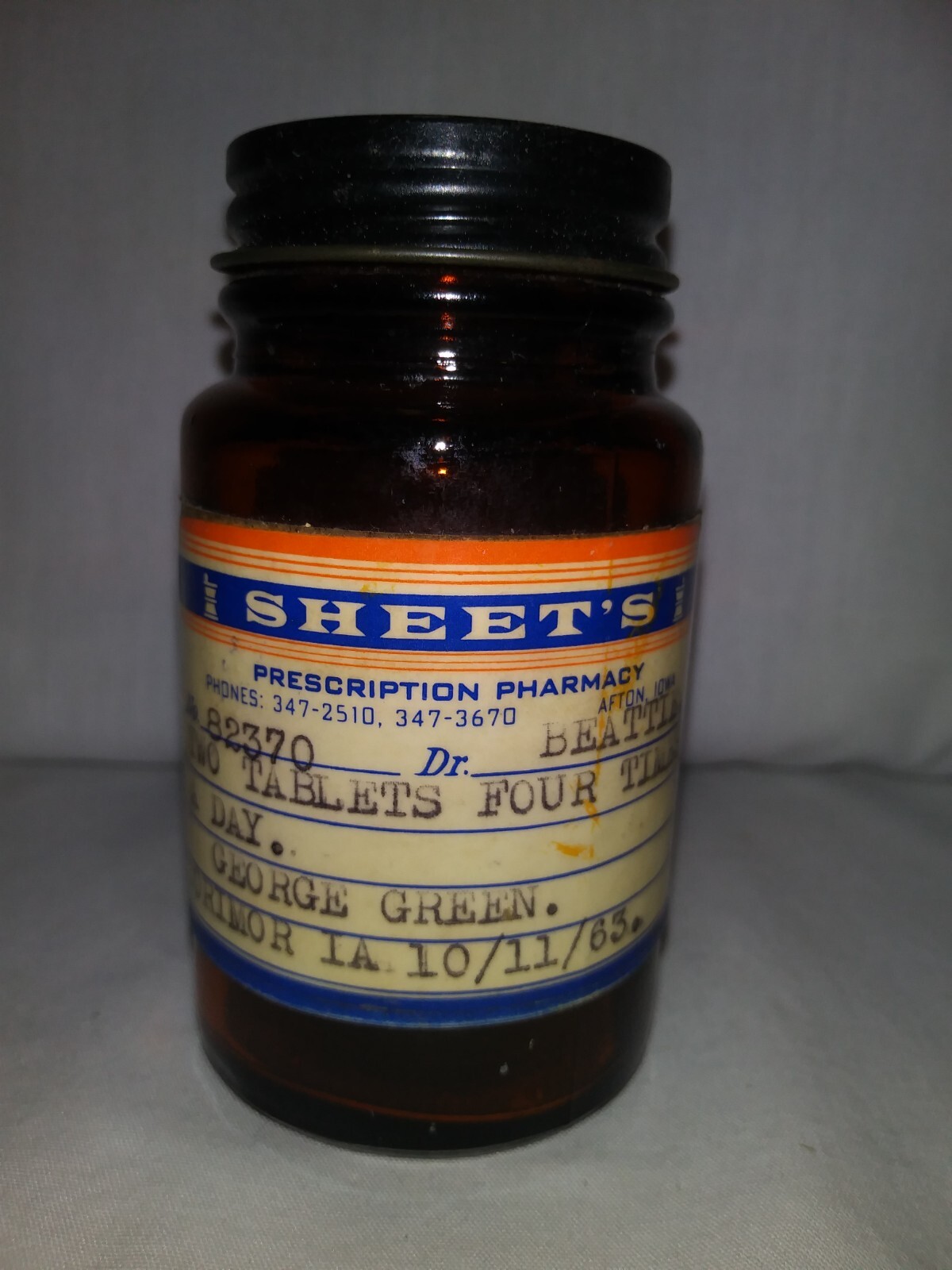 Vintage 1963 Brown Glass Bottle Sheets Pharmacy Afton IA