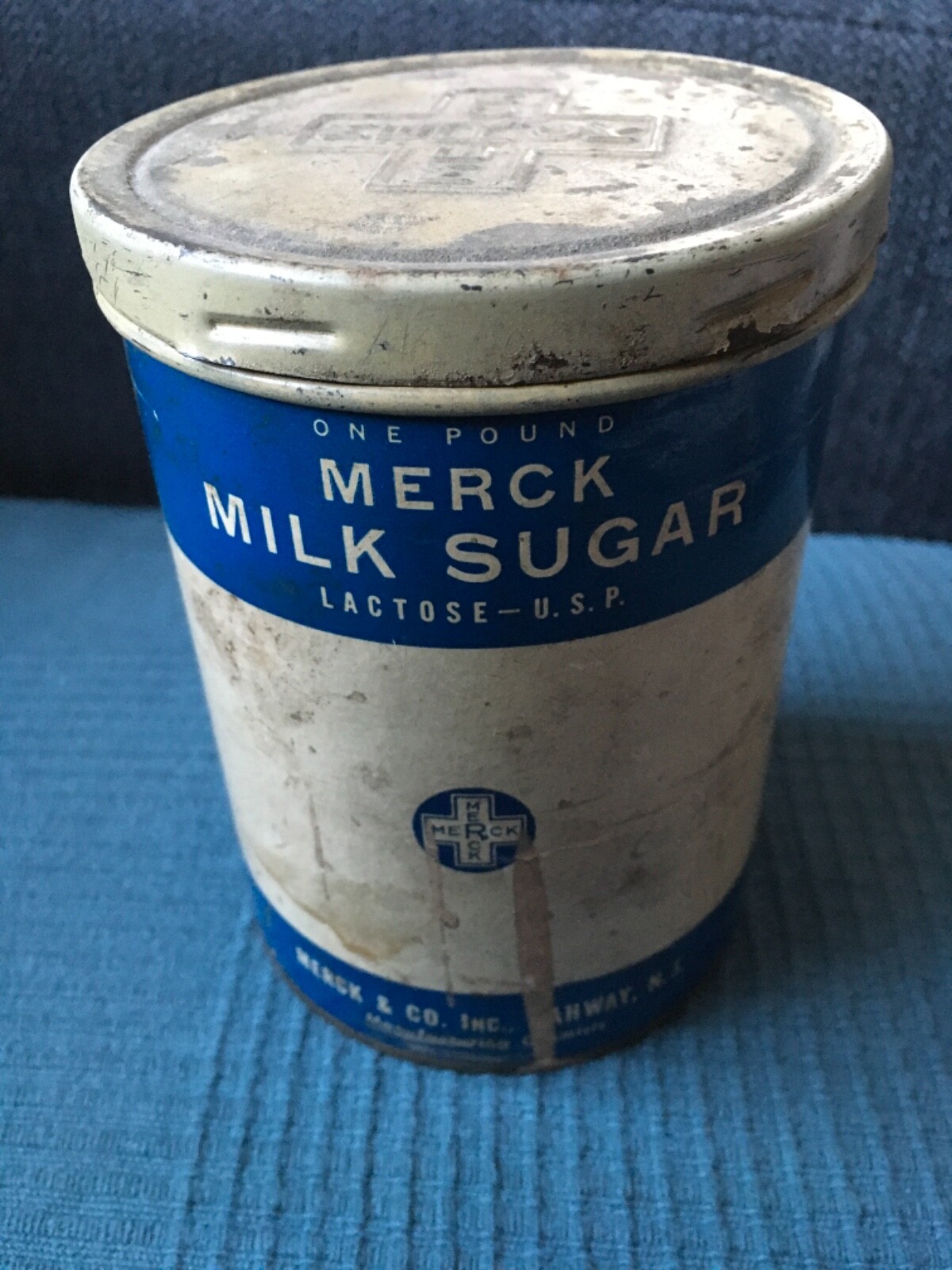 Vtg MERCK Sugar Milk metal tin Lactose paper label RAHWAY NJ rx