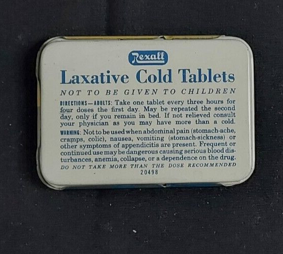 Old EMPTY Advertising Medicine Tin Rexall Laxative Cold Tablets Rexall Drug