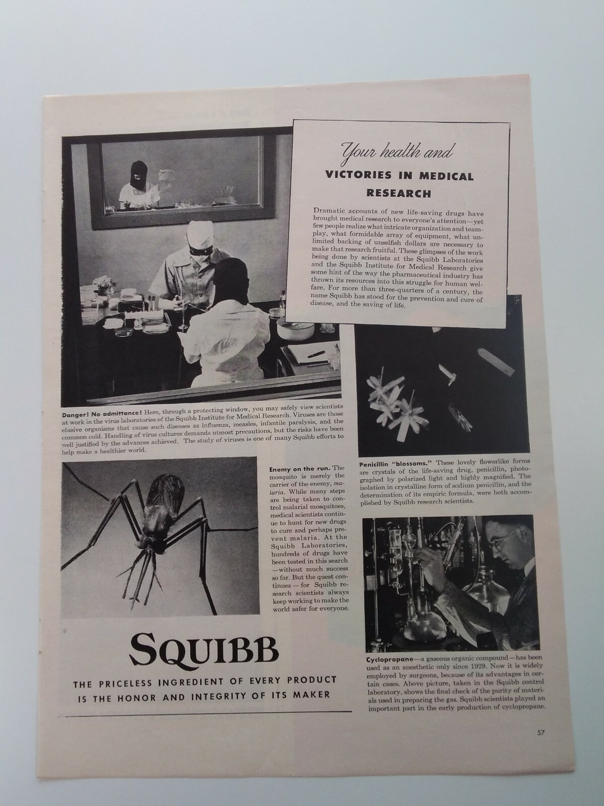Squibb Print Ad Original Vintage 1945 Medical Research Bristol Myers NYC Exide