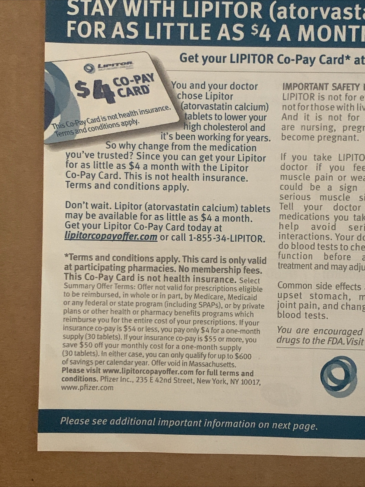2012 Lipitor PRINT AD Lower Cholesterol Co-Pay Card Pfizer Pharmaceutical PA05