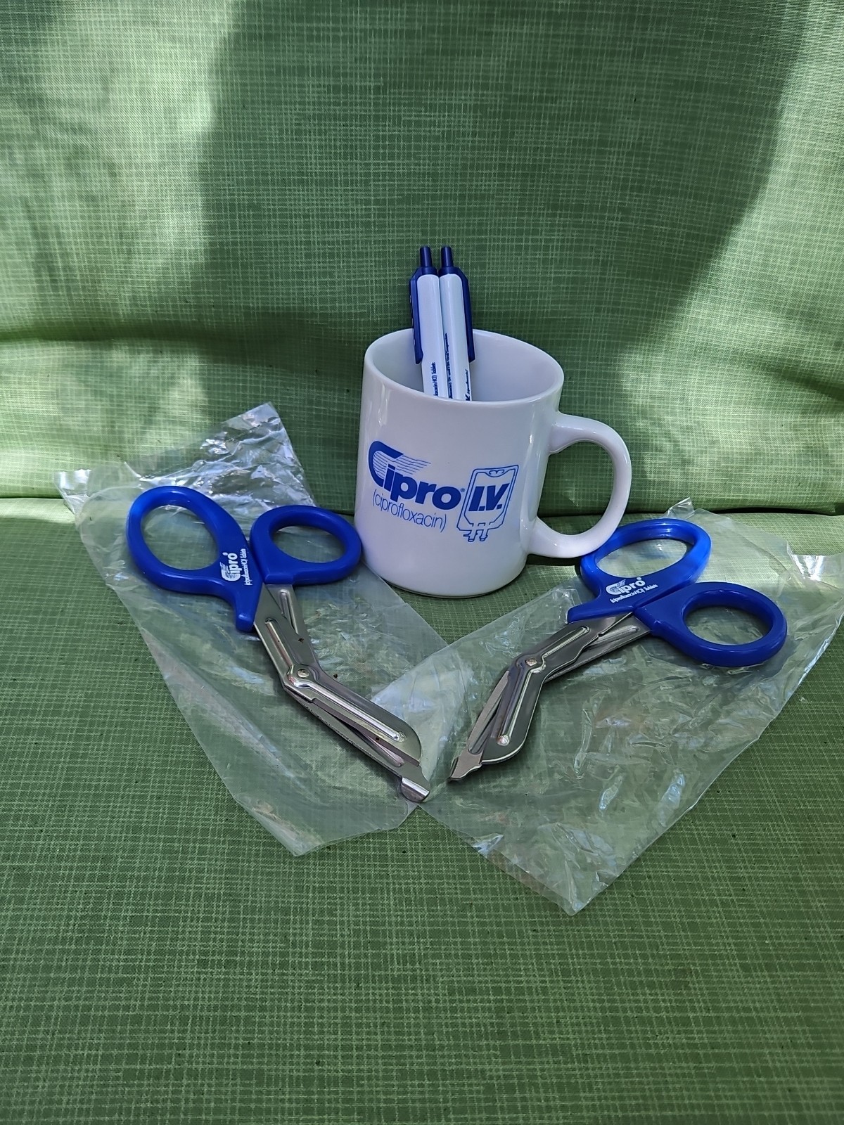 Cipro Pharmaceutical Drug Rep Lot Scissors Coffee Mug Ink Pen Advertising