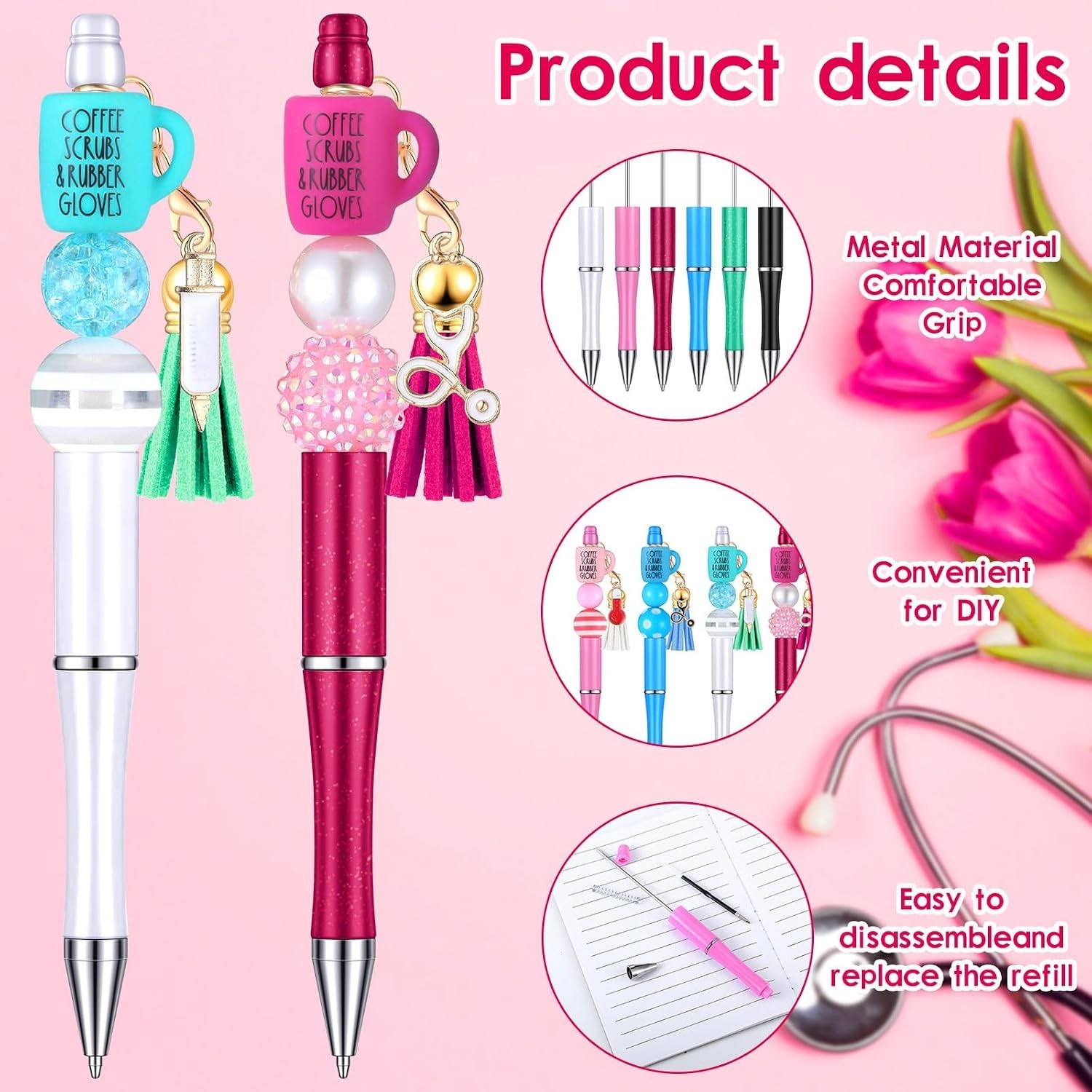 Quality Nurse Beadable Pens Gift Set – 12 Pcs with 50 Beads & Assorted Charms