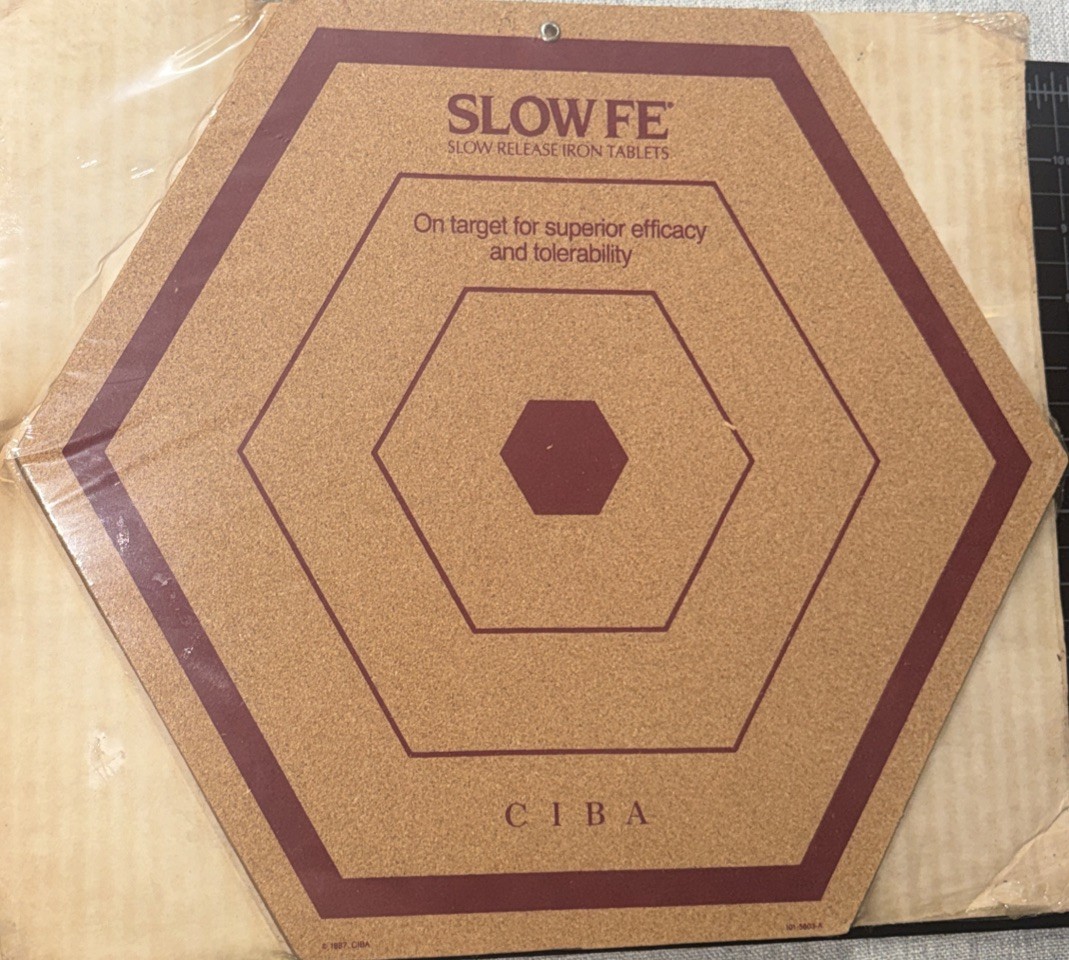 1987 Slow Fe Iron CIBA Pharmaceutical Promotional Cork Dartboard – Sealed
