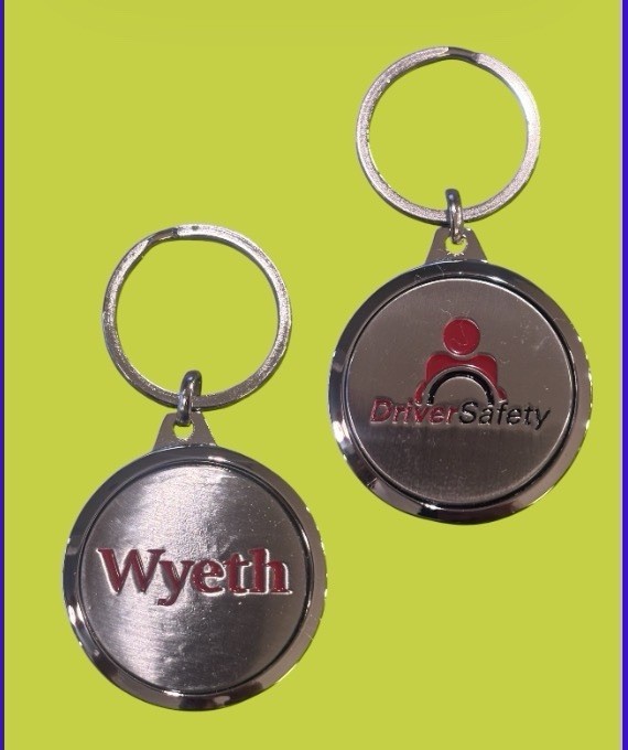 Wyeth Pharmaceutical Sales Rep Steel Driver Safety Logo 1.5” Round Keychain NWT