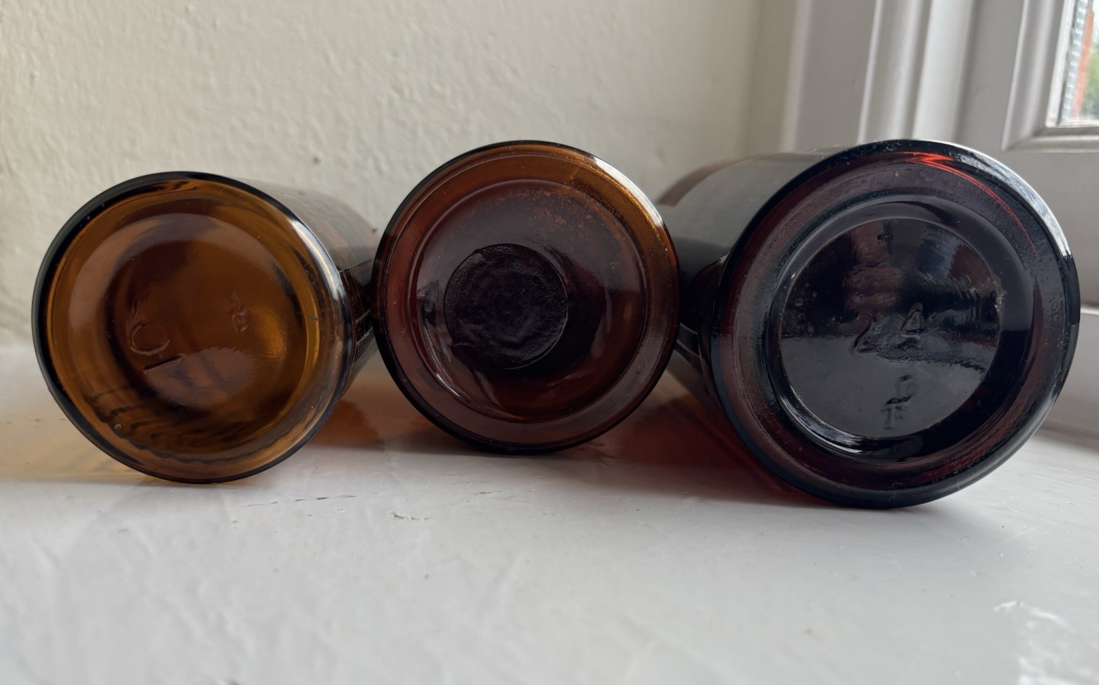 Three Antique Amber Glass Apothecary Medicine Bottles + Labels, Stopper & Cork