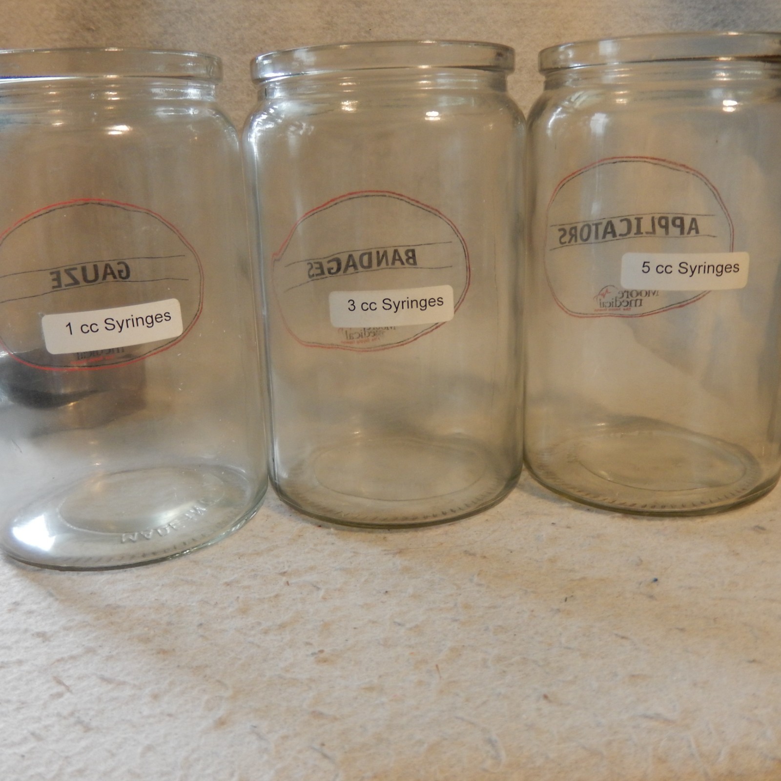 Set 3 Vintage MOORE Medical Supply Glass Jar Apothecary Antique Canisters Gauze