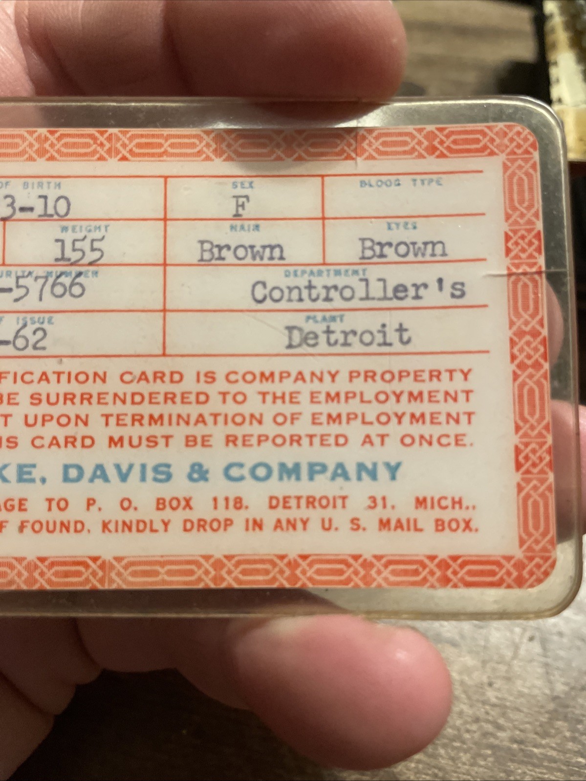 Rare Parke Davis And Company Employee ID Badge Medical Pharmaceutical 1960s