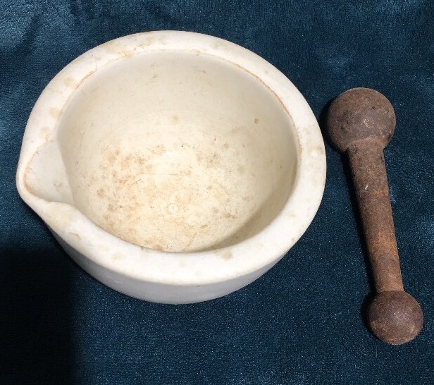 Antique Mortar Bowl & Iron Pestle Pharmacist Thomas Maddock Sons Acid Proof USA