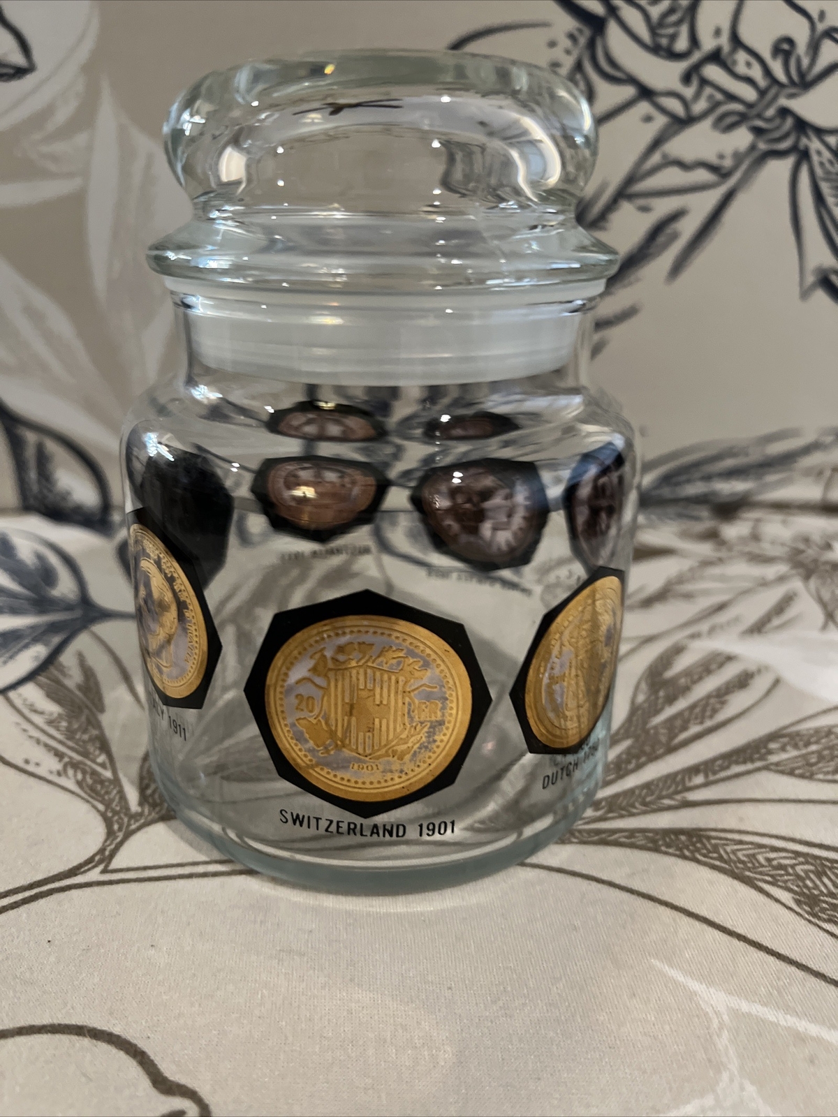 RARE Vintage Gold & Black Apothecary Jelly Bean Jar “Coins Around the World”