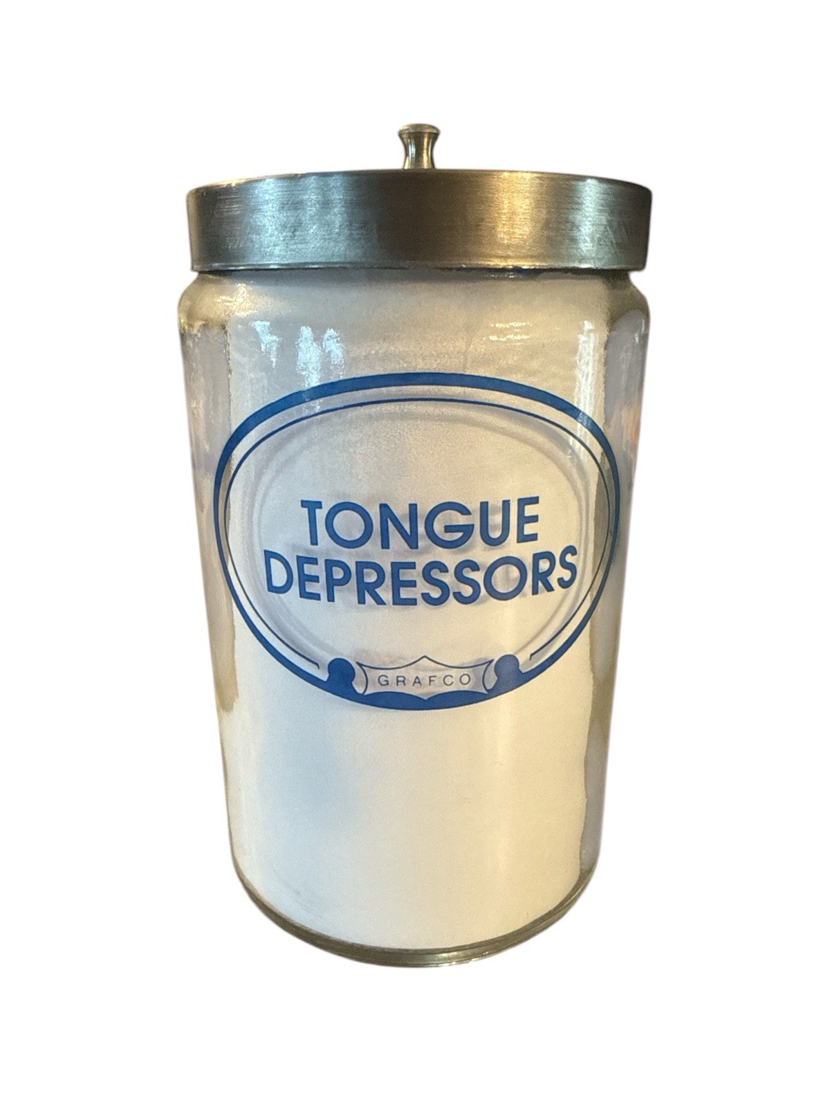 Grafco Medical Apothecary Glass Jar Stainless Lid Blue Letters Tongue Depressors