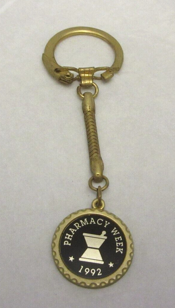 VTG 1992 PHARMACY WEEK Gold Tone Key Chain Pestle & Mortar
