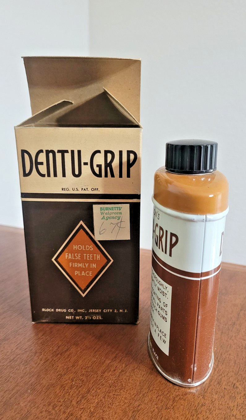 Vintage NOS Dentu-Grip 2.5oz tin with original Box by Block Drug Co.