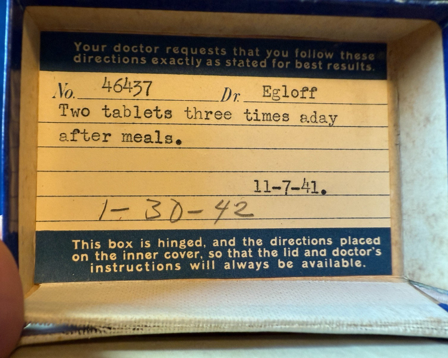 RX PRESCRIPTION CARDBOARD BOX, 1941. “The Prescription Shop” Mason City, Iowa.