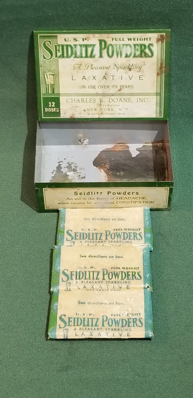 Antique Tin Seidlitz Powders Charles R Doane New York Pharmacy ad w/ packs.
