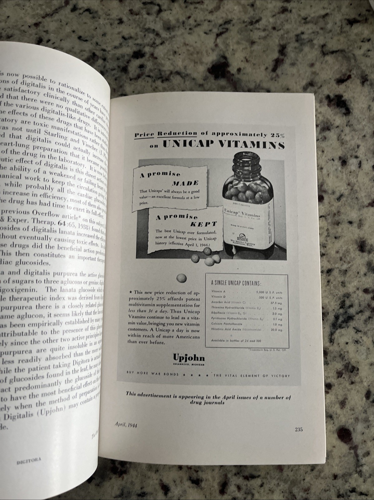 Vintage 1944 WWII Wound Tablets Upjohn Pharmaceuticals Employee Magazine Unicap