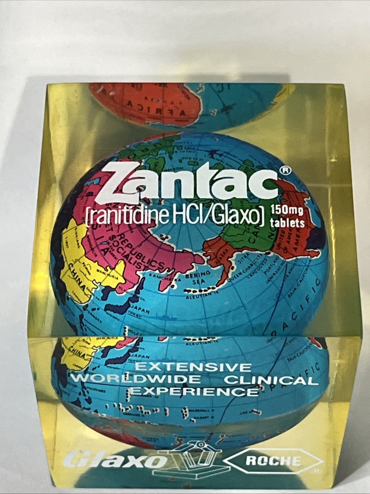 Vintage Zantac Glaxo Roche Pharmaceutical Acrylic Globe Paperweight 2” Square