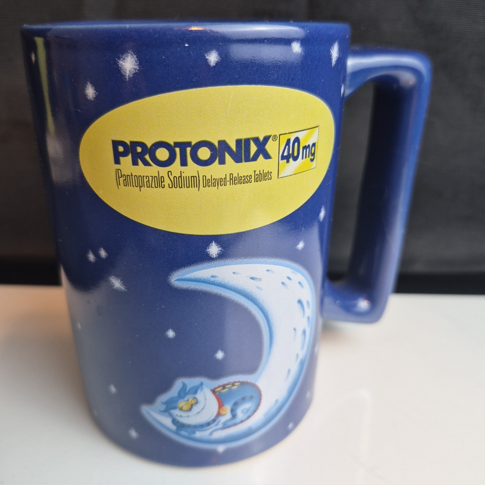 Protonix Drug Rep Coffee Mug Promo Sleeping Cat Moon Blue Ceramic Cup Collectibl