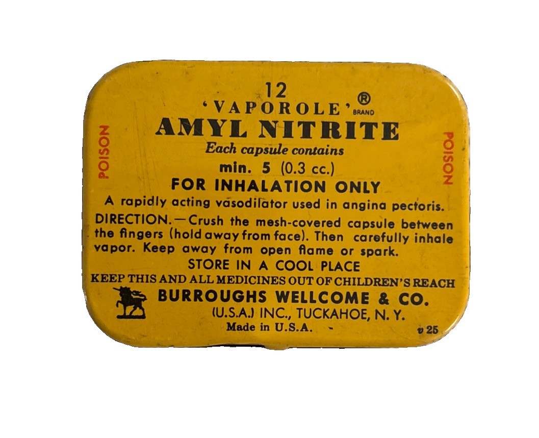 Vintage Yellow Tin Amyl Nitrite Box Medicine Burroughs Wellcome