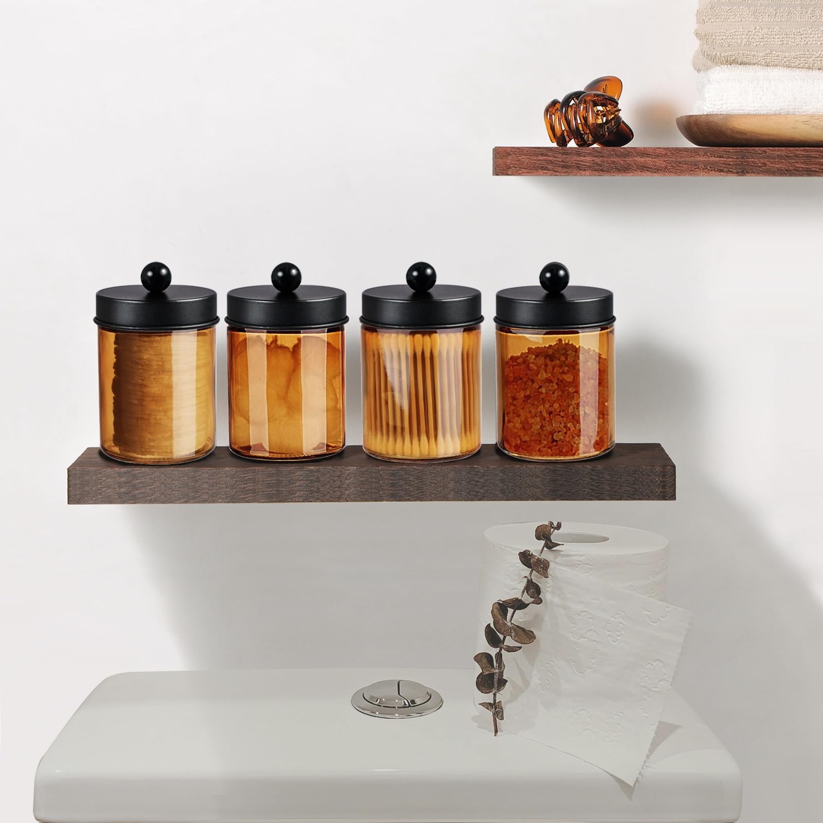 Amolliar Amber Glass Qtip Holder, Apothecary Jars with Black Metal Lid & Stic…