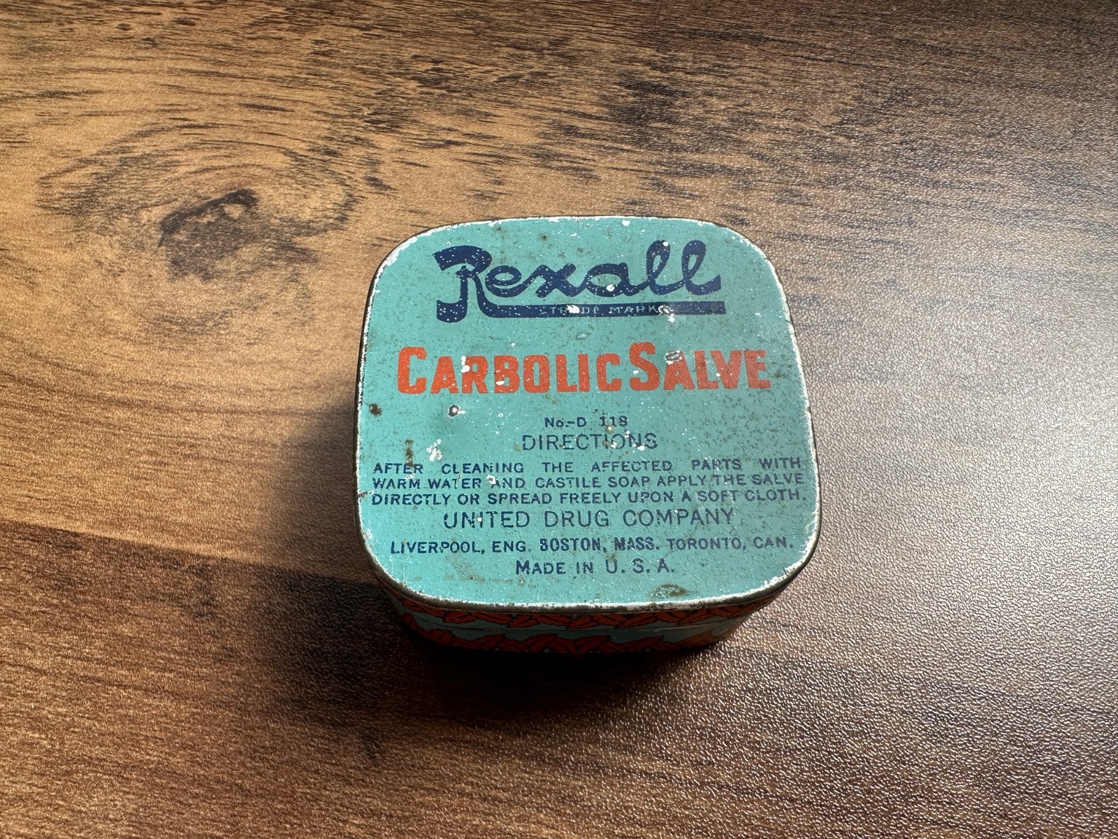 Vintage Pharmacy Decor Rexall Carbolic Salve In Square Tin Blue Made in USA