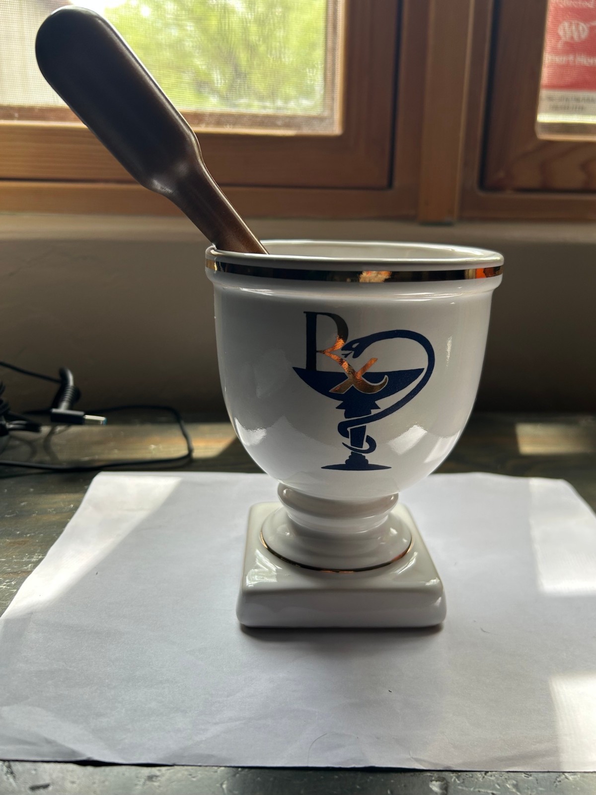 Vintage Apothecary Mortar and Pestle Ceramic Gold Trim Rx Herr Keramik