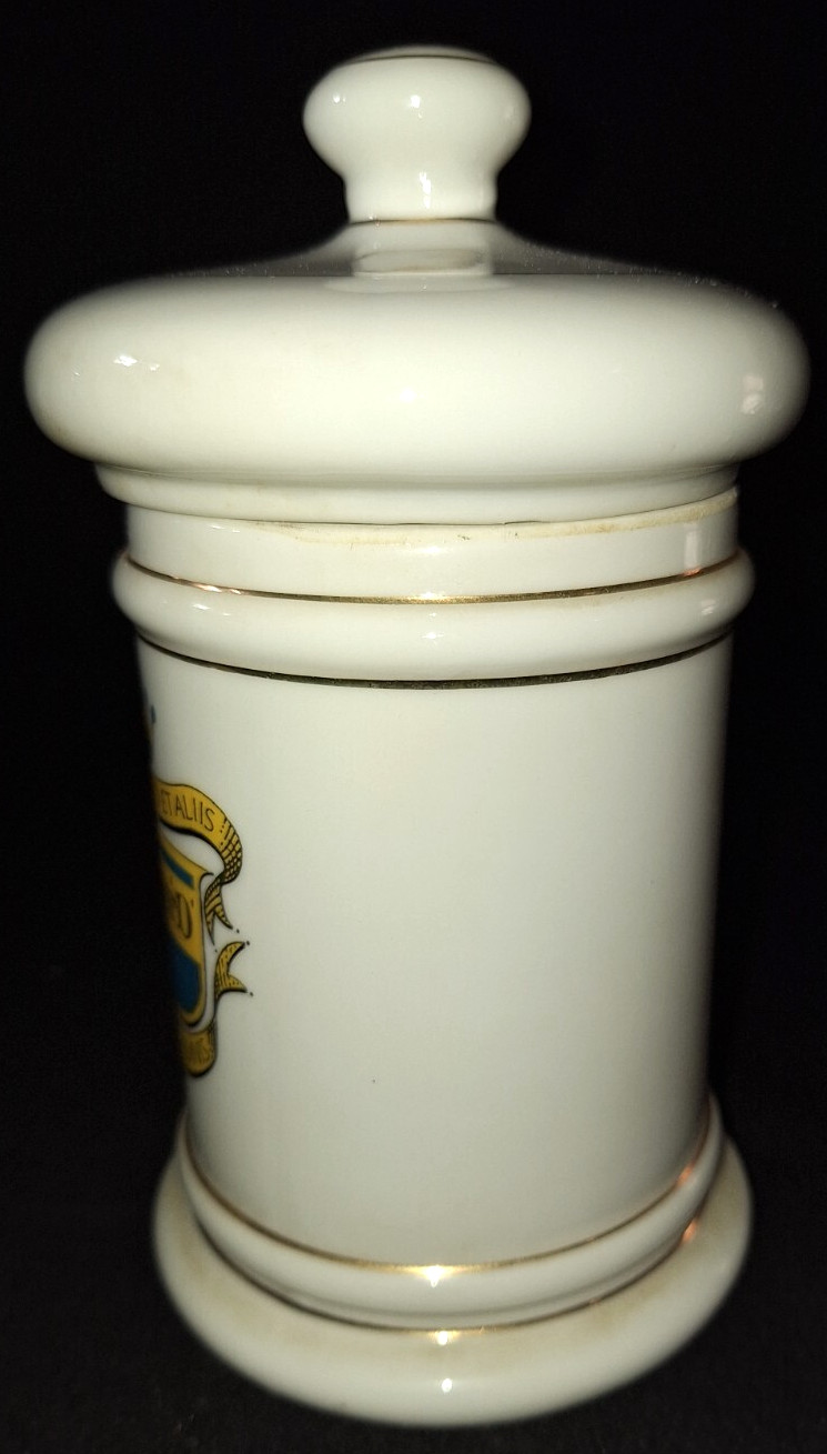 VTG RX APOTHECARY JAR MD CORICIDIN-D 6.5″ GOLD TRIM w/LATIN PHARMACY DRUG STORE